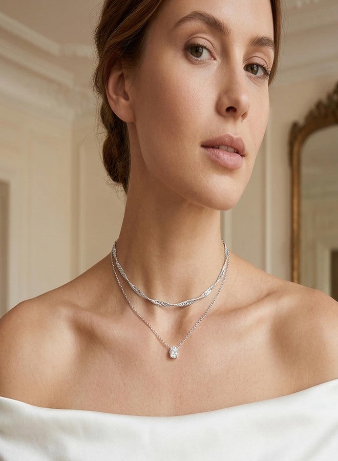 Poxtex قلادات فضية مرصعة بالألماس للنساء، قلادة رقيقة متعددة الطبقات مطلية بالذهب عيار 14 قيراطًا، سلسلة شوكر بسيطة، طقم مجوهرات عصري من الزركونيا المكعبة، هدايا للنساء، نحاس، زركونيا مكعبة - Image 3