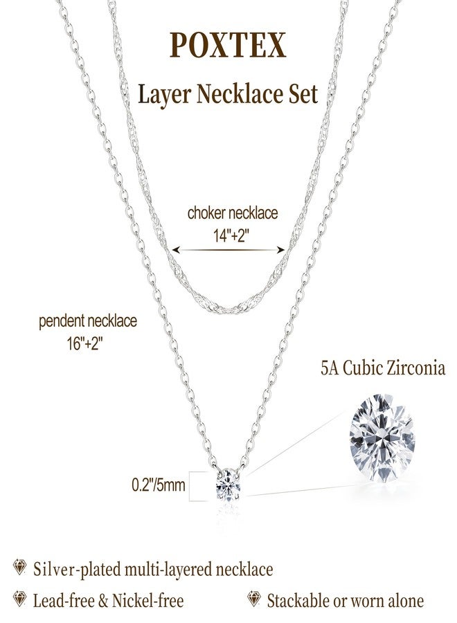 Poxtex قلادات فضية مرصعة بالألماس للنساء، قلادة رقيقة متعددة الطبقات مطلية بالذهب عيار 14 قيراطًا، سلسلة شوكر بسيطة، طقم مجوهرات عصري من الزركونيا المكعبة، هدايا للنساء، نحاس، زركونيا مكعبة - Image 4