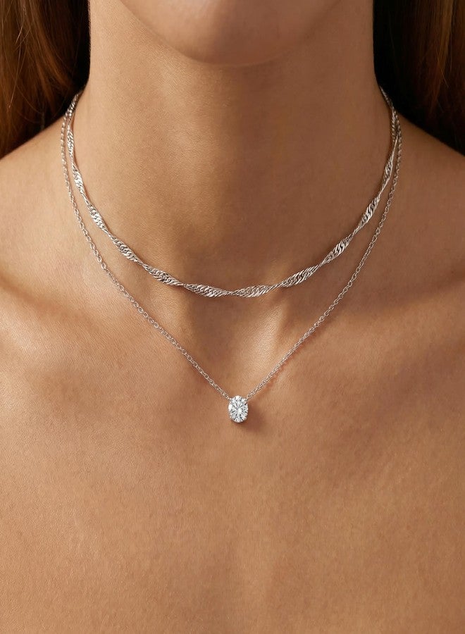 Poxtex قلادات فضية مرصعة بالألماس للنساء، قلادة رقيقة متعددة الطبقات مطلية بالذهب عيار 14 قيراطًا، سلسلة شوكر بسيطة، طقم مجوهرات عصري من الزركونيا المكعبة، هدايا للنساء، نحاس، زركونيا مكعبة - Image 2