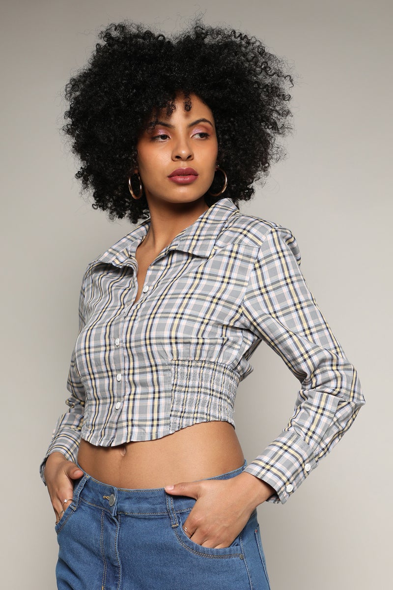 Campus Sutra Women's Olive Green Tartan Plaid Cinched Cropped Shirt  - Image 3