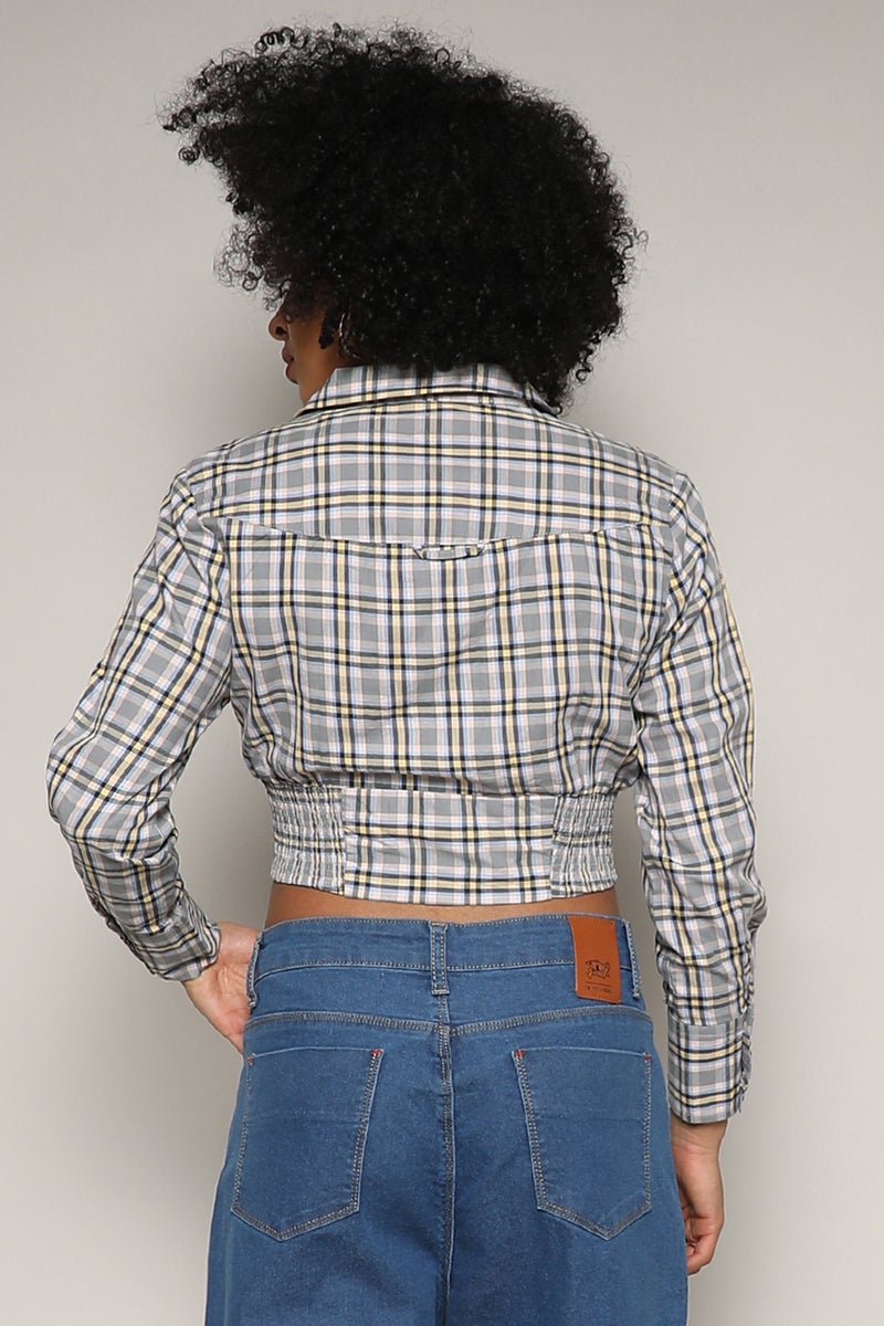Campus Sutra Women's Olive Green Tartan Plaid Cinched Cropped Shirt  - Image 5