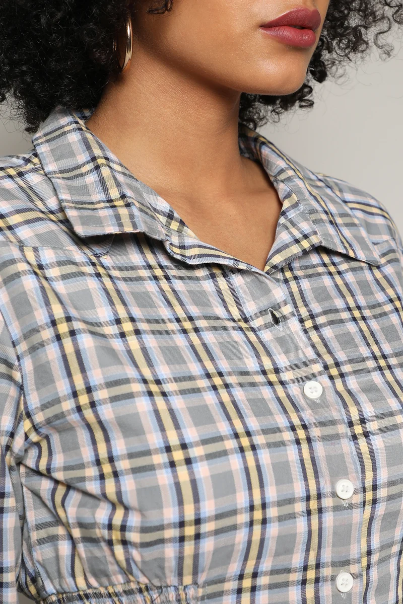 Campus Sutra Women's Olive Green Tartan Plaid Cinched Cropped Shirt