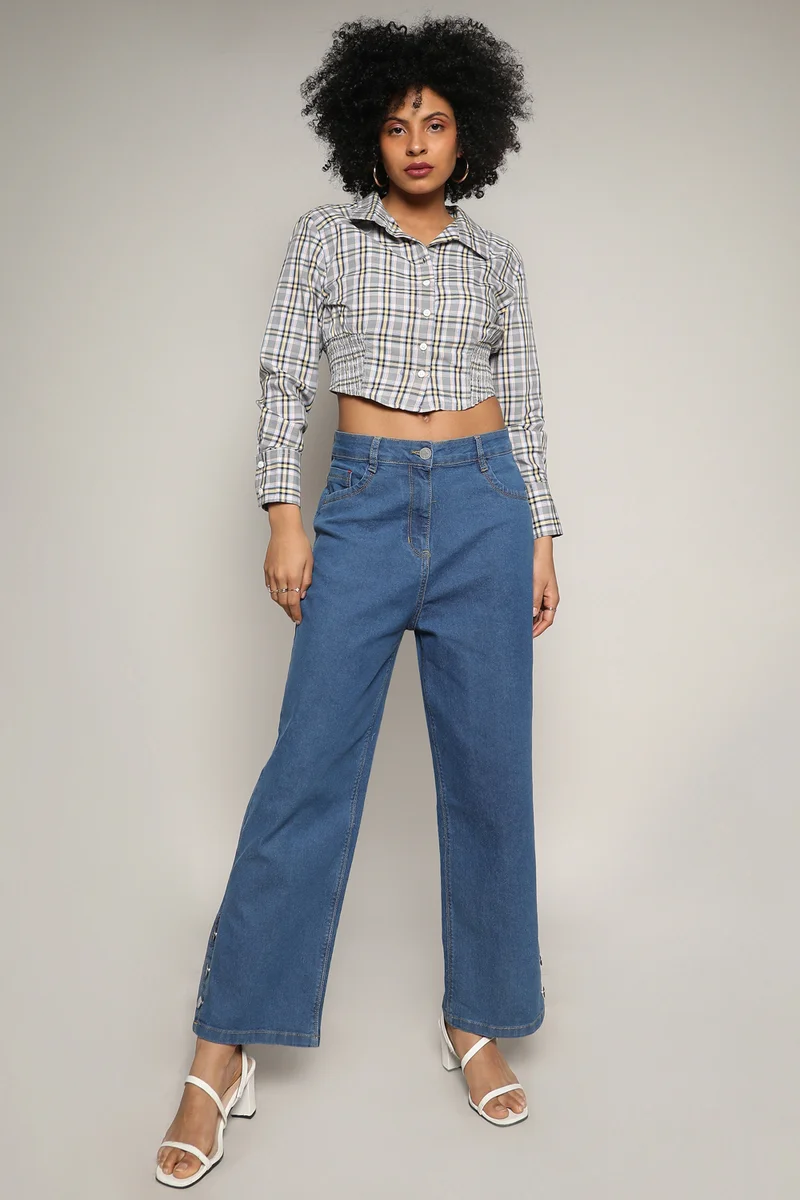 Campus Sutra Women's Olive Green Tartan Plaid Cinched Cropped Shirt