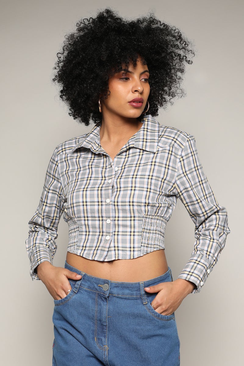 Campus Sutra Women's Olive Green Tartan Plaid Cinched Cropped Shirt  - Image 2