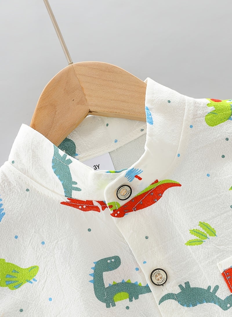 2pcs Baby Boys Dinosaur Print Short Sleeve Shirt  Elastic Shorts Set – Toddler Boys Summer Outfit, Casual Clothes for Daily Wear – Size S - Image 2