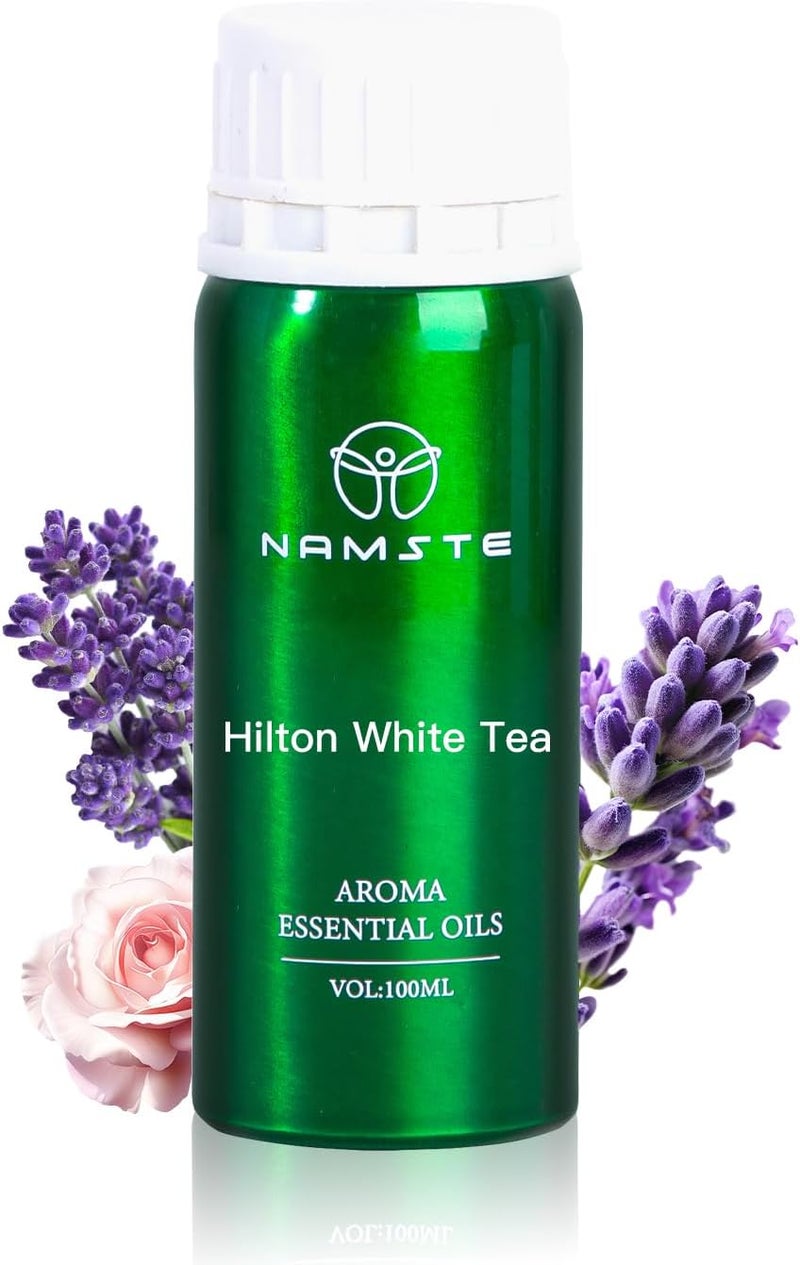 زيوت عطرية من Hotel Scents، سعة 100 مل، مجموعة فنادق Hilton White Tea، زيت لتوزيع العطور، علاج عطري مستوحى من الفنادق الفاخرة، مزيج من الزيوت العطرية: اللافندر، الورد، البنفسج، رائحة خشبية، للاسترخاء والنوم. - Image 1