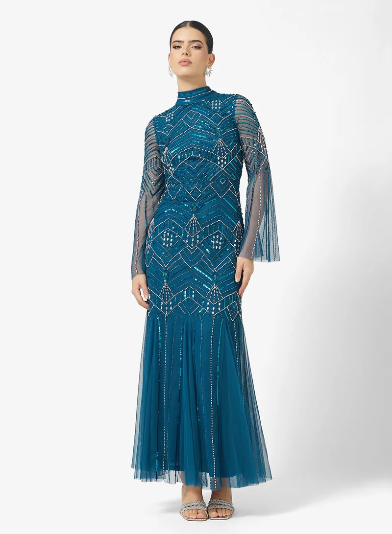 اميليا روز Crew Neck Flared Sleeve Embellished Maxi Dress