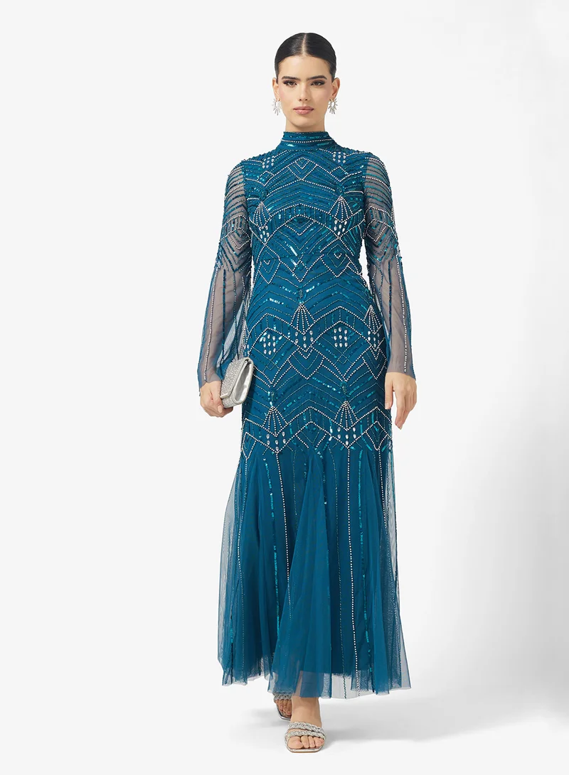 اميليا روز Crew Neck Flared Sleeve Embellished Maxi Dress