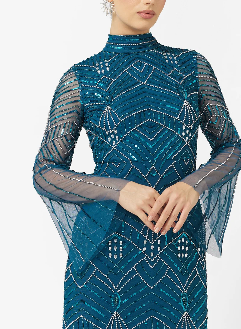 اميليا روز Crew Neck Flared Sleeve Embellished Maxi Dress