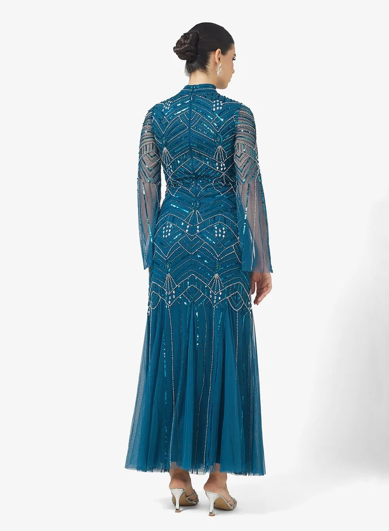 Amelia Rose Crew Neck Flared Sleeve Embellished Maxi Dress