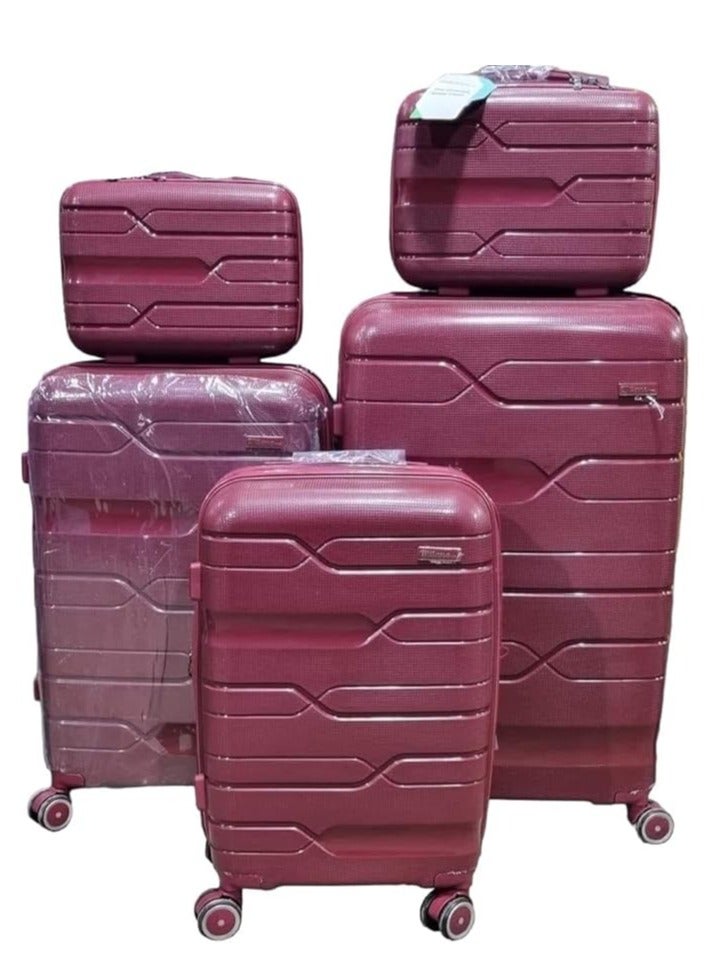 Unbreakable Luggage Trolley Bags Set with TSA Lock, Double Expandable Zipper, 4 Silent Spinner Wheels, 5 Pieces, Polypropylene (PP), Maroon  - Image 2