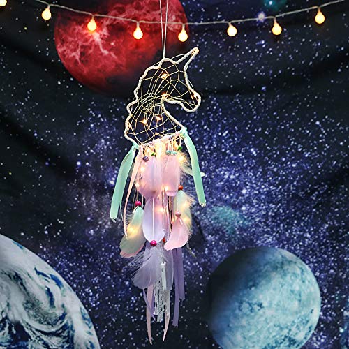 LOMOHOO Unicorn Dream Catcher with LED Light Colorful Light Up Dream Catchers Handmade Purple Pink and Blue Feather Boho Baby Room Decor Kids Bedroom Decoration Gift (Light up Unicorn) - Image 3