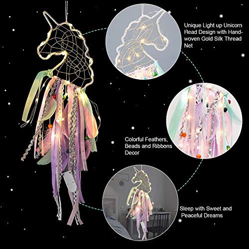 LOMOHOO Unicorn Dream Catcher with LED Light Colorful Light Up Dream Catchers Handmade Purple Pink and Blue Feather Boho Baby Room Decor Kids Bedroom Decoration Gift (Light up Unicorn) - Image 5
