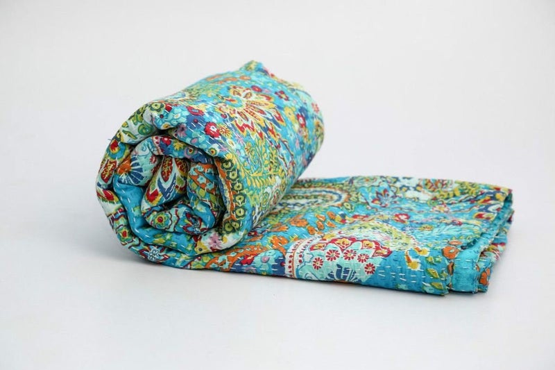 V Vedant Designs Indian Hanmade Twin Cotton Kantha Quilt Tarquiose Paisley Print Bed Cover Bedspread Blanket 90x60 Inch, Tarquiose - Image 5