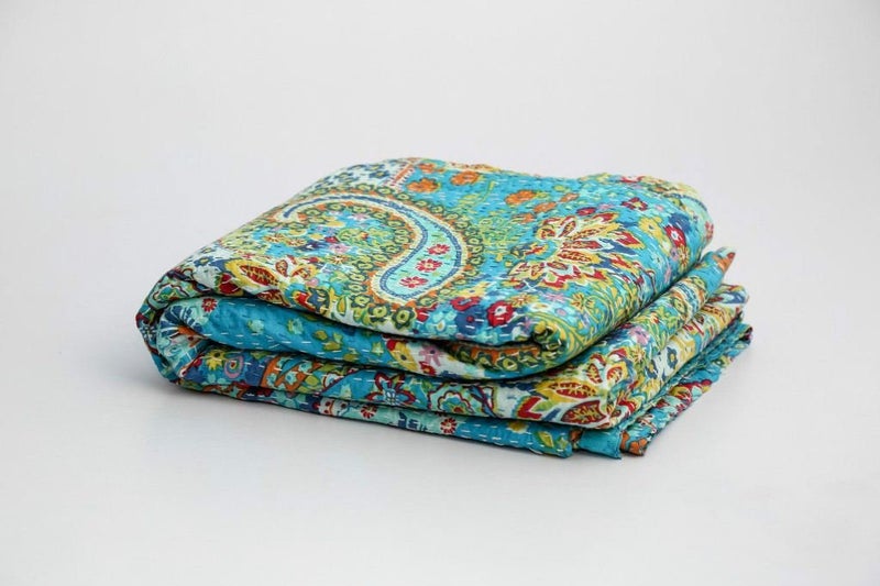 V Vedant Designs Indian Hanmade Twin Cotton Kantha Quilt Tarquiose Paisley Print Bed Cover Bedspread Blanket 90x60 Inch, Tarquiose - Image 2