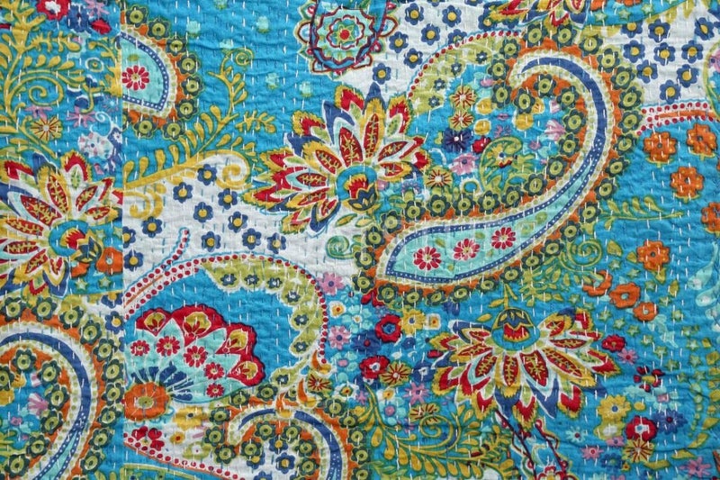 V Vedant Designs Indian Hanmade Twin Cotton Kantha Quilt Tarquiose Paisley Print Bed Cover Bedspread Blanket 90x60 Inch, Tarquiose - Image 3
