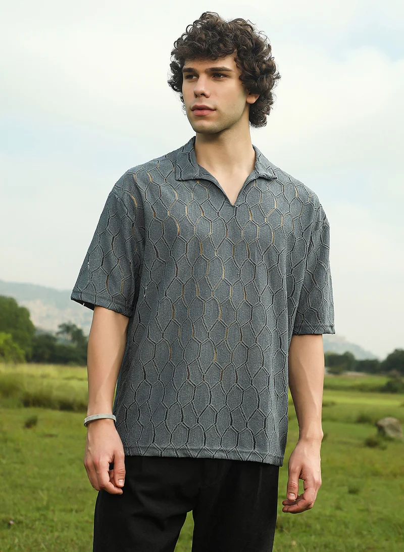 Campus Sutra Campus Sutra Men's Moon Grey Honeycomb-Knit Polo T-Shirt For Casual Wear | Polo Neck | Short Regular Sleeves | Pull On Closure | T-Shirt Crafted With Comfort Fit For Everyday Wear