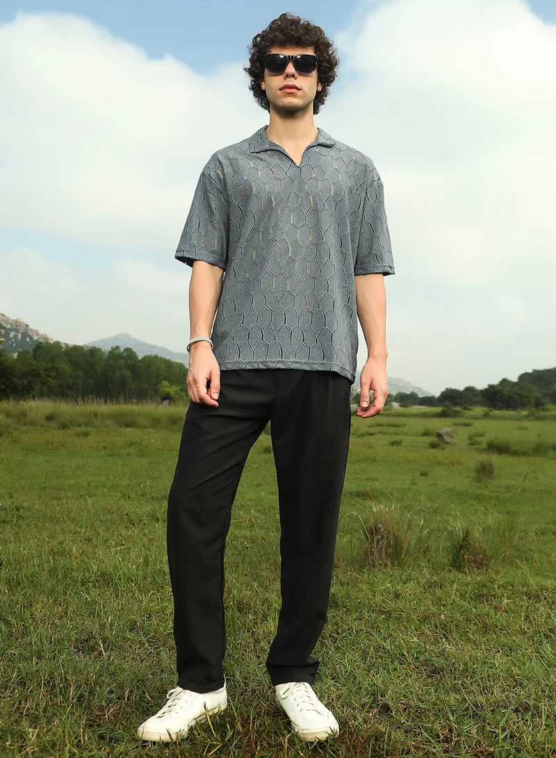 Campus Sutra Campus Sutra Men's Moon Grey Honeycomb-Knit Polo T-Shirt For Casual Wear | Polo Neck | Short Regular Sleeves | Pull On Closure | T-Shirt Crafted With Comfort Fit For Everyday Wear
