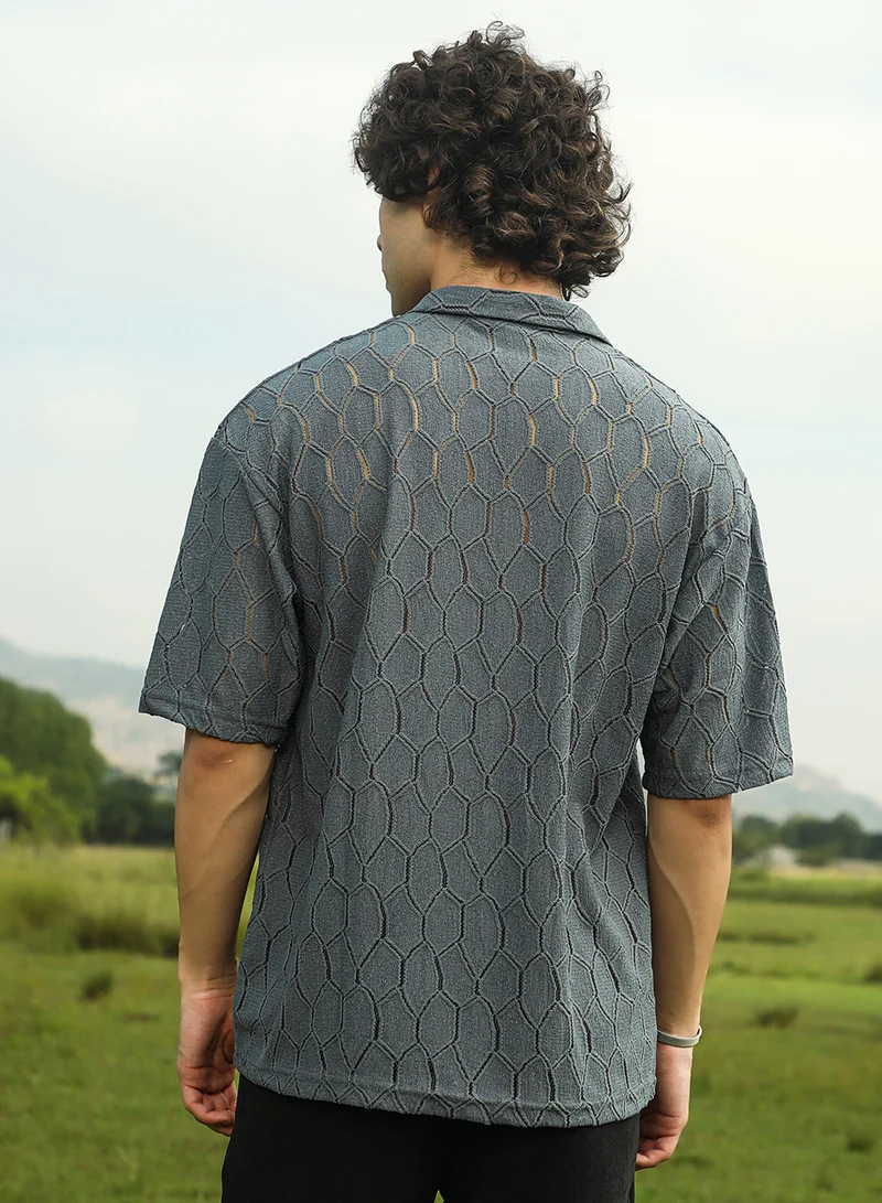 Campus Sutra Campus Sutra Men's Moon Grey Honeycomb-Knit Polo T-Shirt For Casual Wear | Polo Neck | Short Regular Sleeves | Pull On Closure | T-Shirt Crafted With Comfort Fit For Everyday Wear