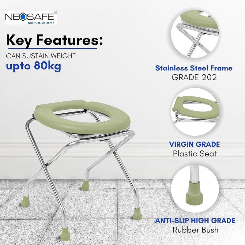 NEOSAFE Stainless Steel Round Commode Chair Shower Chair Commode Chair for Bathroom (Light Green) - Image 4