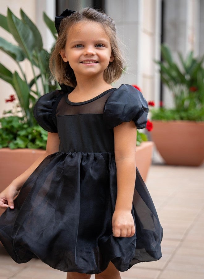 Arshiner فستان أرتشينر للفتيات الصغيرات بأكمام قصيرة من الشبك المتباين مع حافة منتفخة فضفاضة فستان ميني أسود من الأورجانزا لملابس الحفلات العادية 4T - Image 2