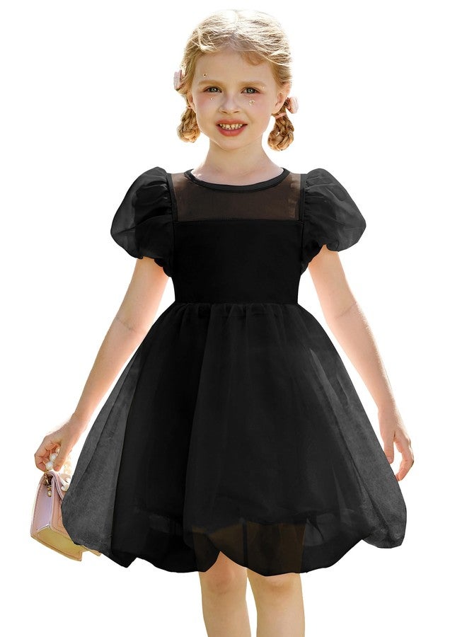 Arshiner فستان أرتشينر للفتيات الصغيرات بأكمام قصيرة من الشبك المتباين مع حافة منتفخة فضفاضة فستان ميني أسود من الأورجانزا لملابس الحفلات العادية 4T - Image 1