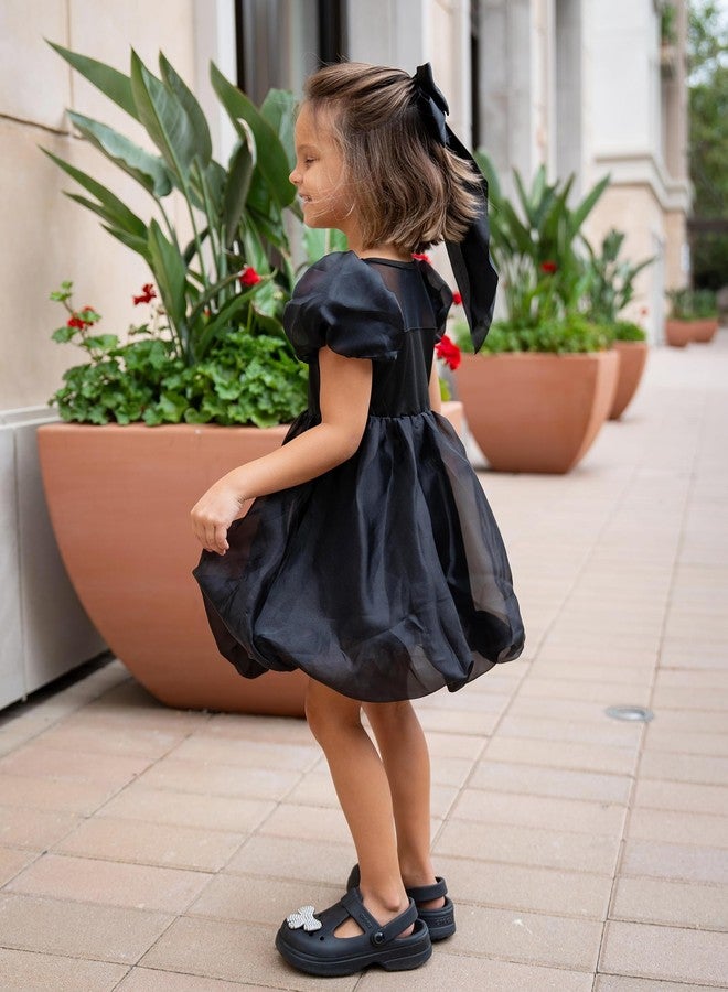 Arshiner فستان أرتشينر للفتيات الصغيرات بأكمام قصيرة من الشبك المتباين مع حافة منتفخة فضفاضة فستان ميني أسود من الأورجانزا لملابس الحفلات العادية 4T - Image 4