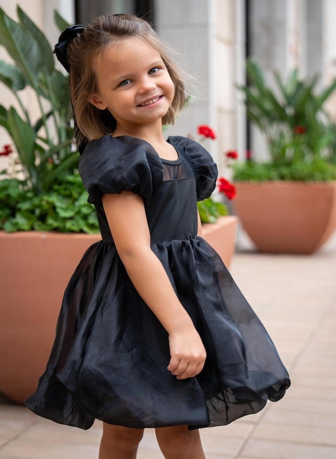 Arshiner فستان أرتشينر للفتيات الصغيرات بأكمام قصيرة من الشبك المتباين مع حافة منتفخة فضفاضة فستان ميني أسود من الأورجانزا لملابس الحفلات العادية 4T - Image 3