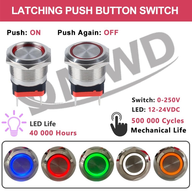 DMWD 22mm Heavy Duty Latching Metal Push Button Switch 20Amp 12V-24V ON-OFF 2NO with Pre-wired Socket (Halo Ring Red LED) - Image 2