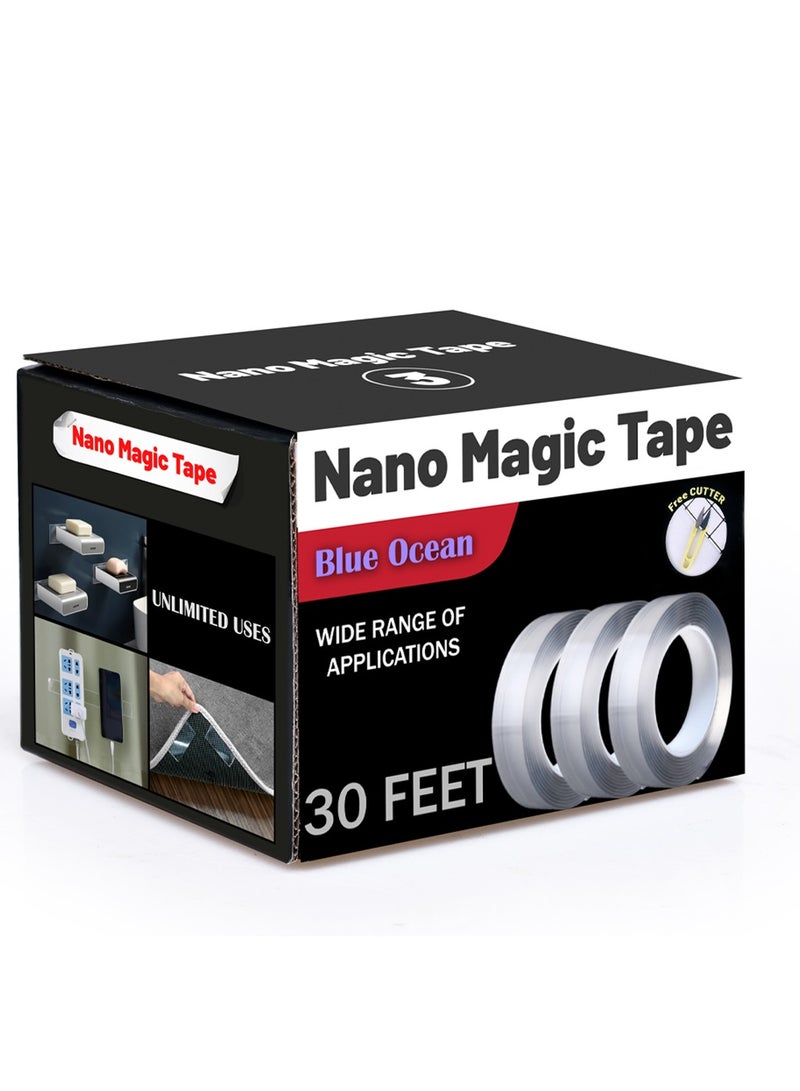 بلو أوشن شريط لاصق شديد التحمل مزدوج الجوانب 30 قدم 3 لفات مع قاطع مجاني أزرق محيط متعدد الأغراض قابل للإزالة شريط لاصق شفاف قابل للغسل لإطار صور السجاد - Image 5