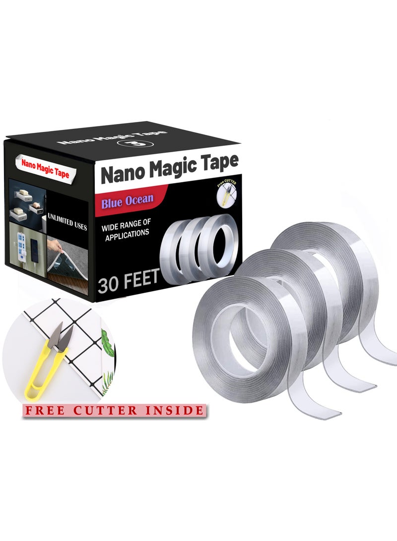 بلو أوشن شريط لاصق شديد التحمل مزدوج الجوانب 30 قدم 3 لفات مع قاطع مجاني أزرق محيط متعدد الأغراض قابل للإزالة شريط لاصق شفاف قابل للغسل لإطار صور السجاد - Image 1