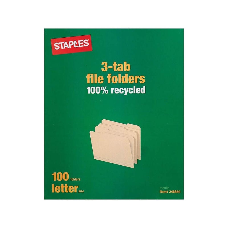 Staples 246850 100% Recycled Manila File Folders Letter 3-Tab 100/Box (246850) - Image 2