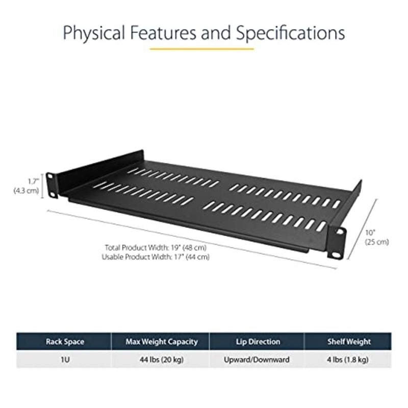 .com 1U Server Rack Shelf - Universal Vented Rack Mount Cantilever Tray for 19 Network Equipment Rack Cabinet - Heavy Duty Steel - Weight Capacity 50lb/23kg - 10 Deep, Black CABSHELFV1U 19 Vented Rack Cantilever Tray, Cold Rolled Steel SPCC - Image 2