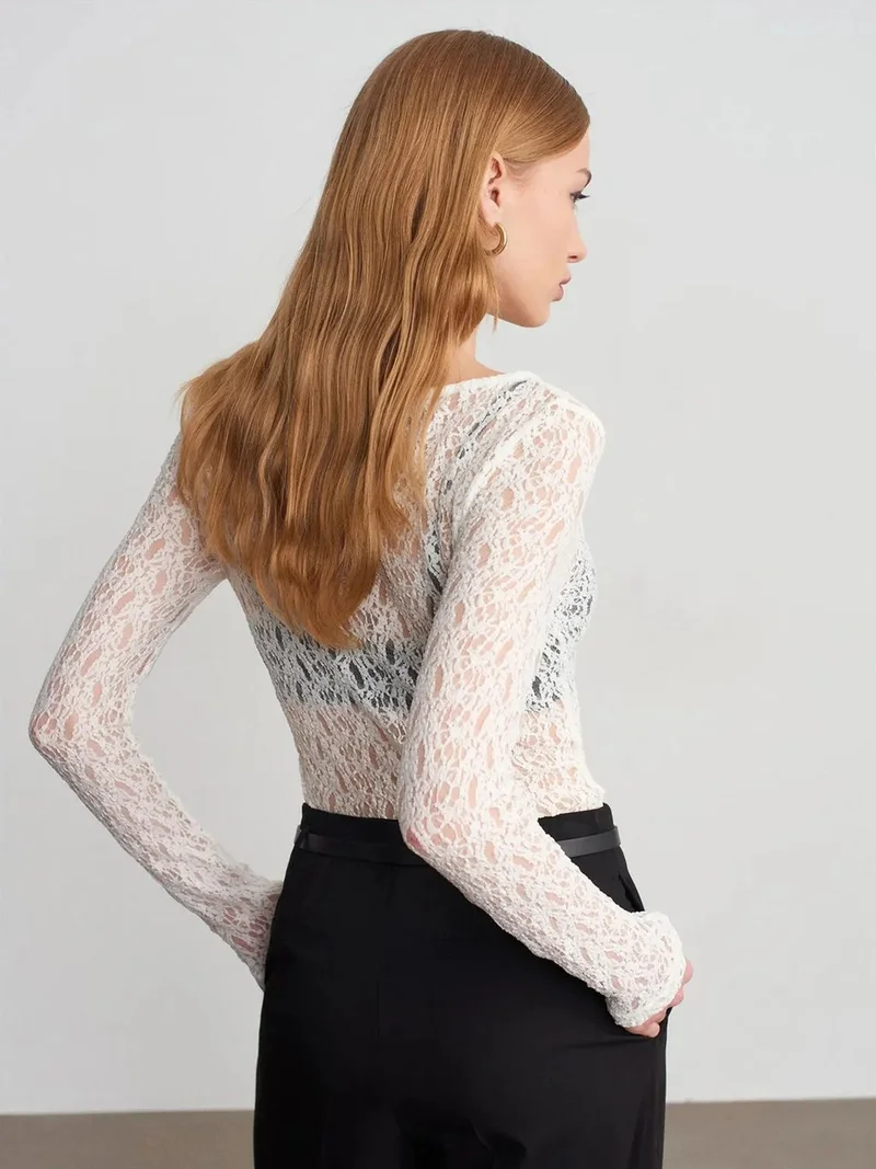 Dilvin DILVIN Slim Fit Lace Boat Neck Blouse
