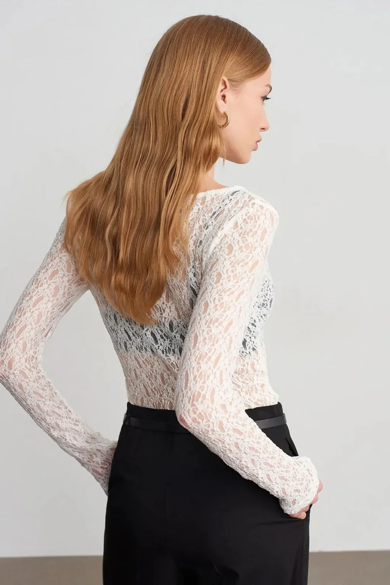 Dilvin DILVIN Slim Fit Lace Boat Neck Blouse