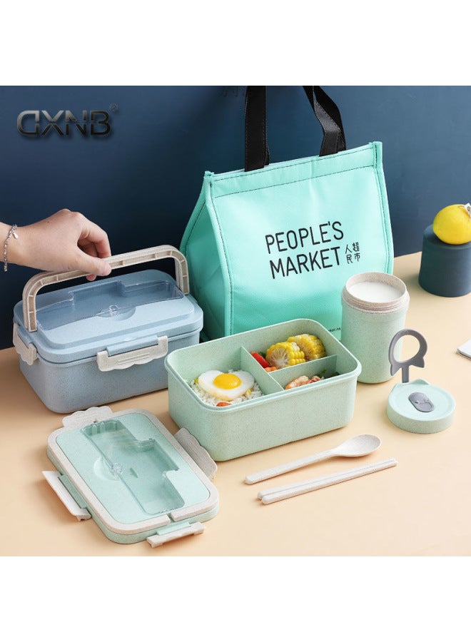 Wheat Portable Insulated Lunch Box Three-compartment Lunch Box For Students Women's Portable Microwave Heating Sealed Office Student Lunch Box-Specifications:Nordic Rice (three Grids 1000ml)-Color:Free (steel) Chopsticks And Spoons + Light Pink Insulation Bag + Wheat Soup Cup  - Image 2
