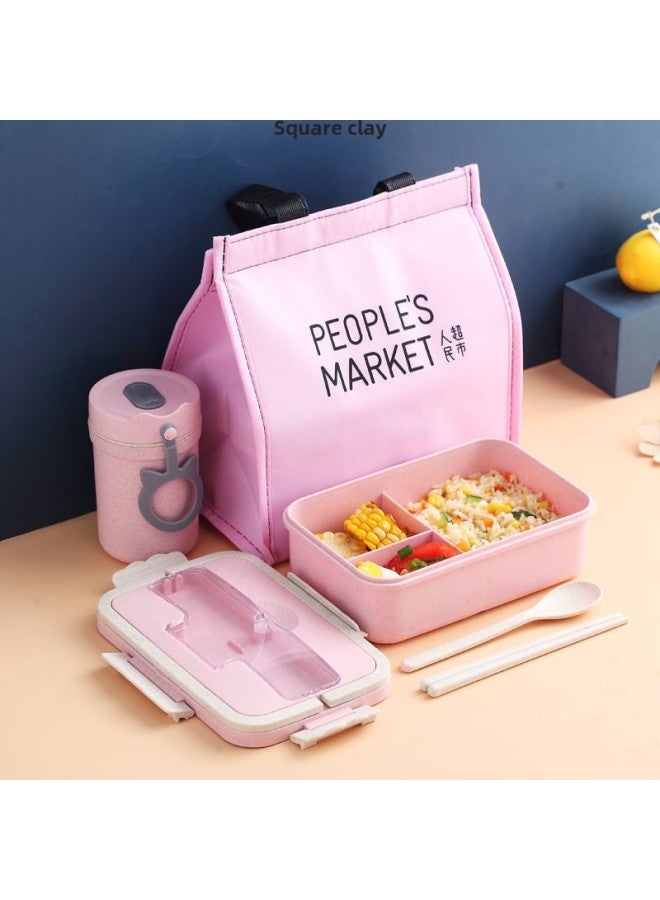 Wheat Portable Insulated Lunch Box Three-compartment Lunch Box For Students Women's Portable Microwave Heating Sealed Office Student Lunch Box-Specifications:Nordic Rice (three Grids 1000ml)-Color:Free (steel) Chopsticks And Spoons + Light Pink Insulation Bag + Wheat Soup Cup  - Image 4