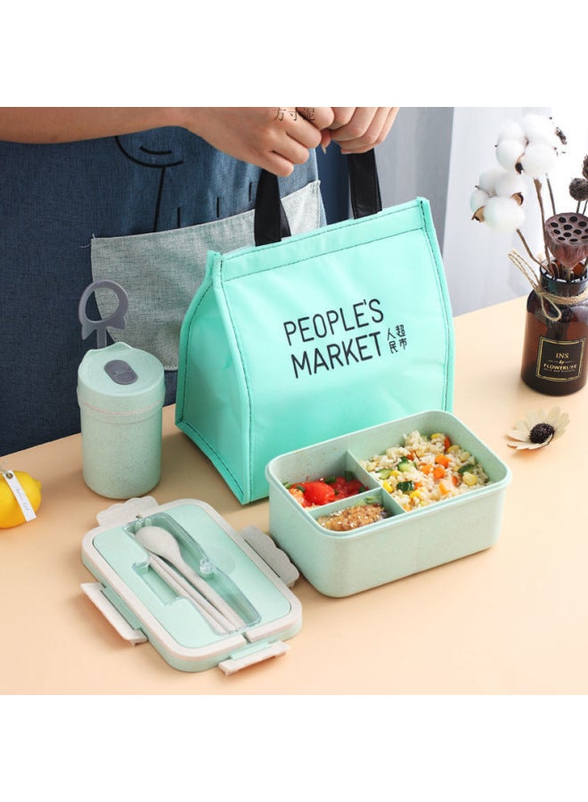 Wheat Portable Insulated Lunch Box Three-compartment Lunch Box For Students Women's Portable Microwave Heating Sealed Office Student Lunch Box-Specifications:Nordic Rice (three Grids 1000ml)-Color:Free (steel) Chopsticks And Spoons + Light Pink Insulation Bag + Wheat Soup Cup  - Image 5
