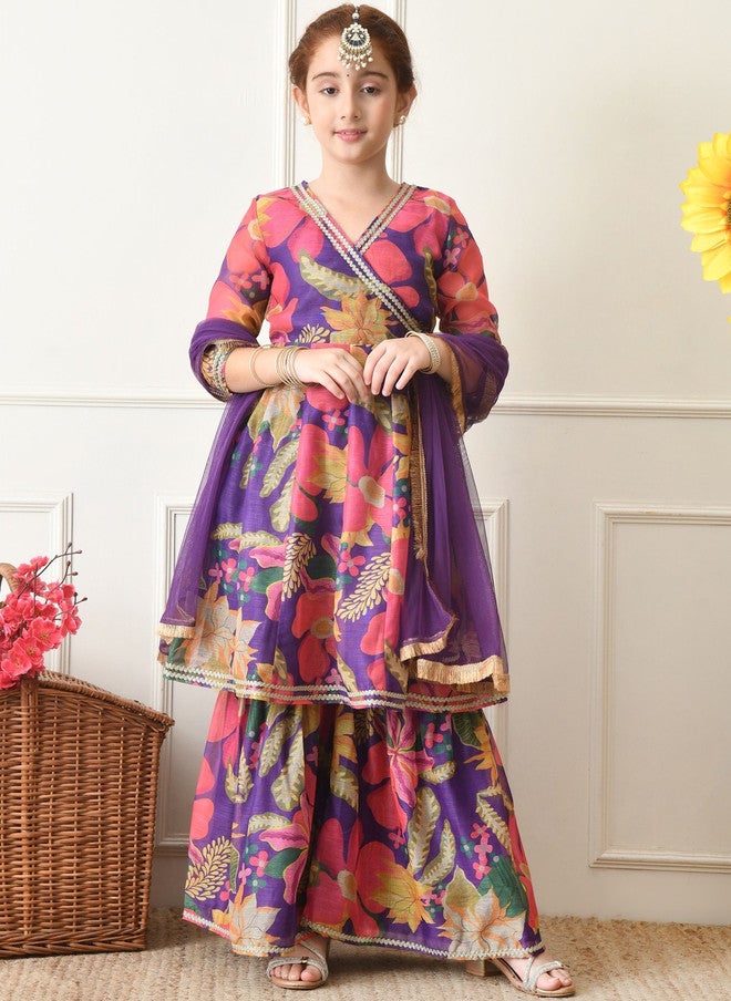 Indi-Loom Couture Girls Floral Printed Angrakha Gotta Patti Kurta with Sharara & Dupatta - Image 5