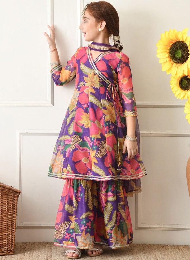 Indi-Loom Couture Girls Floral Printed Angrakha Gotta Patti Kurta with Sharara & Dupatta - Image 2