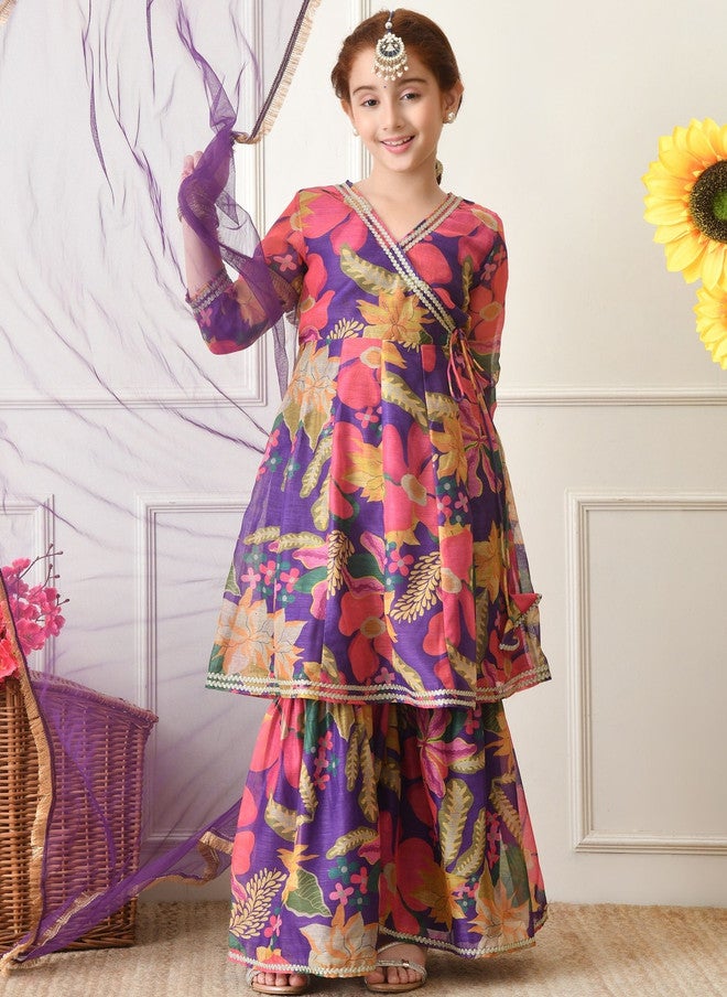 Indi-Loom Couture Girls Floral Printed Angrakha Gotta Patti Kurta with Sharara & Dupatta - Image 4