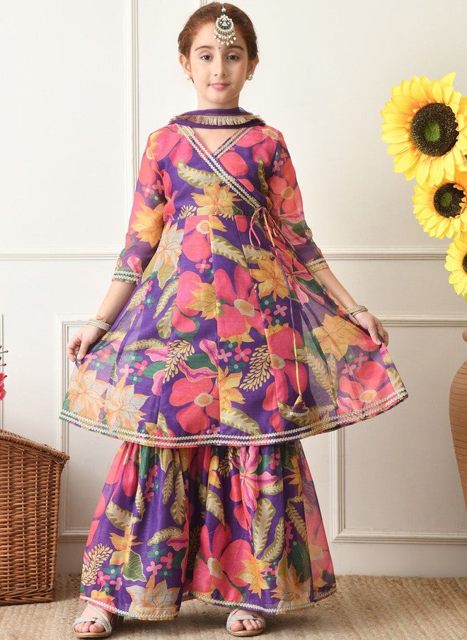 Indi-Loom Couture Girls Floral Printed Angrakha Gotta Patti Kurta with Sharara & Dupatta - Image 1