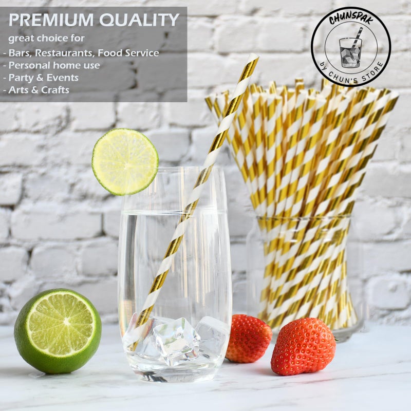 Chunspak 7.75 inch Gold/White Striped Paper Drinking Straws 1000 Counts for Cocktail  Party  Wedding - Disposable  Unwrapped - Image 2