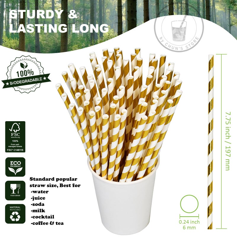 Chunspak 7.75 inch Gold/White Striped Paper Drinking Straws 1000 Counts for Cocktail  Party  Wedding - Disposable  Unwrapped - Image 1
