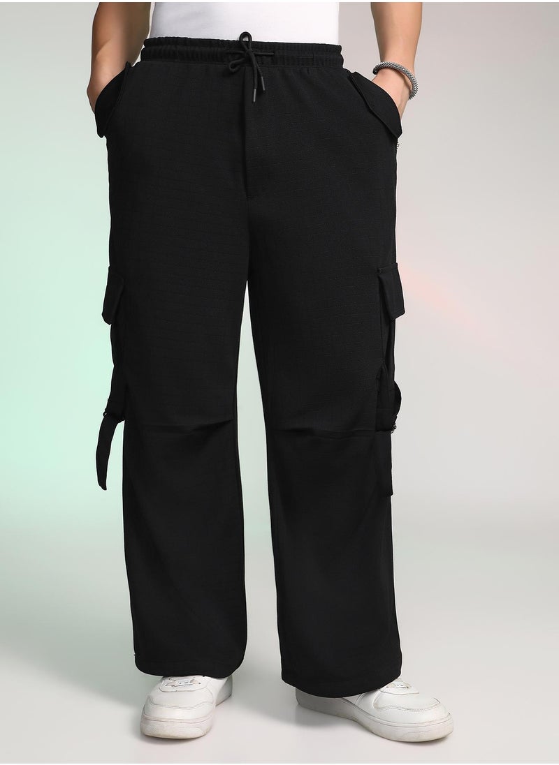 Campus Sutra Men's Onyx Black Textured Modular Utility Trousers  - Image 2