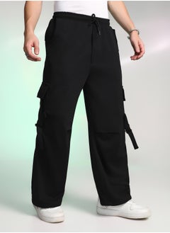 Campus Sutra Men's Onyx Black Textured Modular Utility Trousers  - Image 3