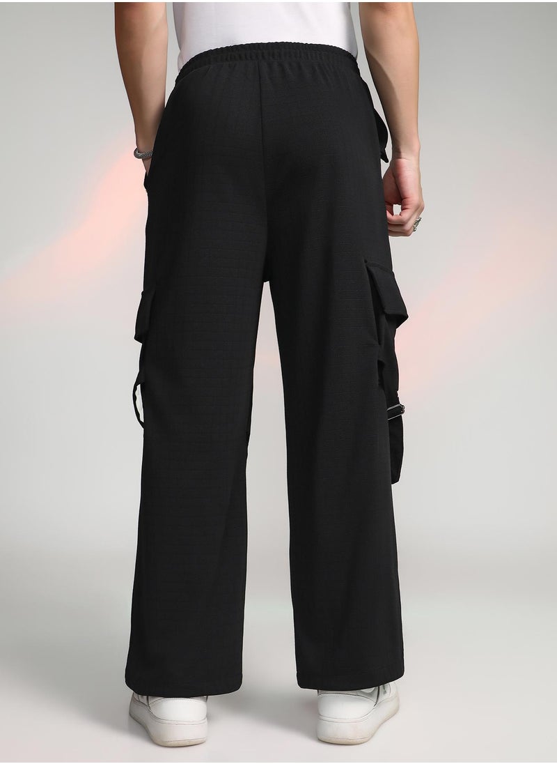 Campus Sutra Men's Onyx Black Textured Modular Utility Trousers  - Image 5