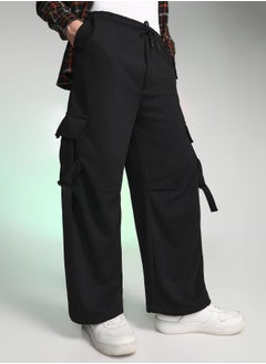 Campus Sutra Men's Onyx Black Textured Modular Utility Trousers  - Image 1