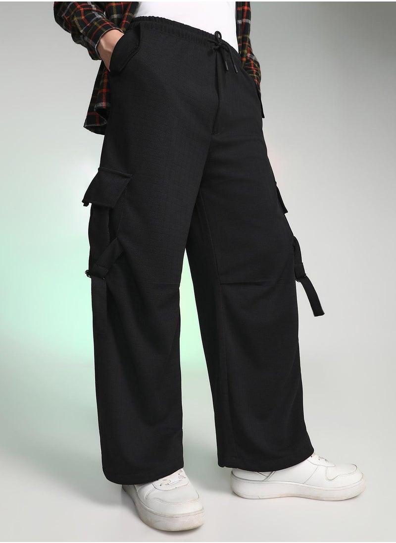 Campus Sutra Men's Onyx Black Textured Modular Utility Trousers  - Image 1