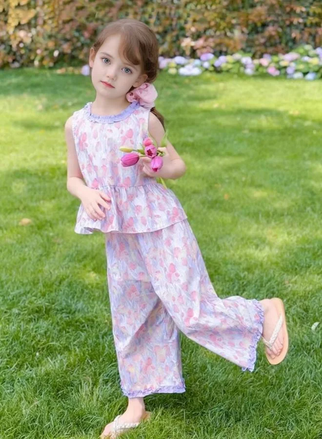 Take Two Girls Floral Print Ruffle Neck Top and Pants Set